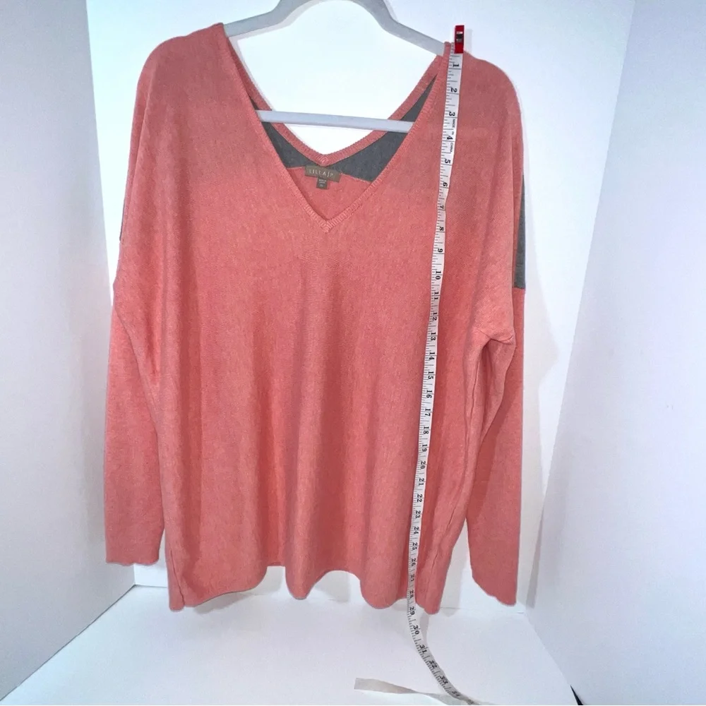Lilla P‎ Woman's Coral Grey Modal Cotton V Neck Relaxed Fit Sweater Size XL